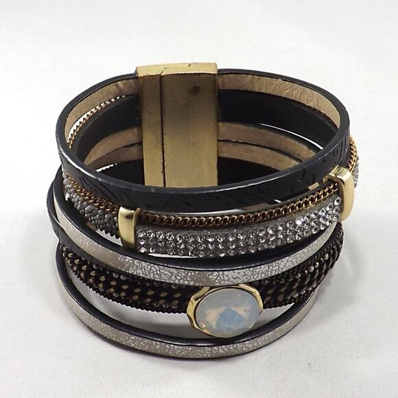 Black & Gold Leather Rhinestones Magnetic Bracelet, 7 1/2 Inch, Distressed Clasp - Picture 4 of 8